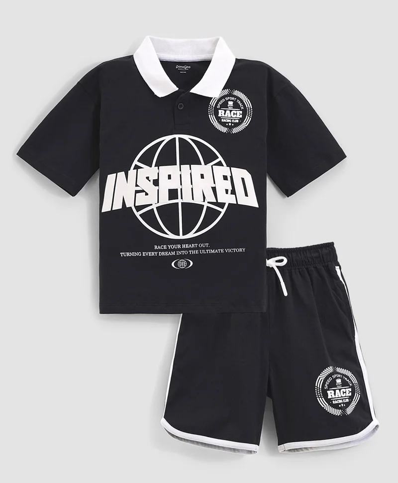 Primo Gino Primo Gino 100% Cotton HD Printed Half Sleeves Polo T-Shirt & Shorts Set - Black & White