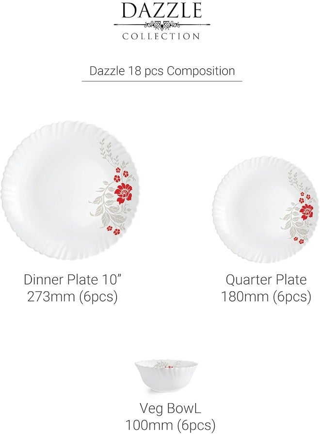 Cello Opalware Dazzle Scarlet Bliss Dinner Set, 18Pcs, White - Image 3