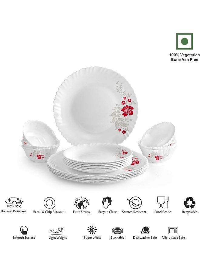 Cello Opalware Dazzle Scarlet Bliss Dinner Set, 18Pcs, White - Image 2