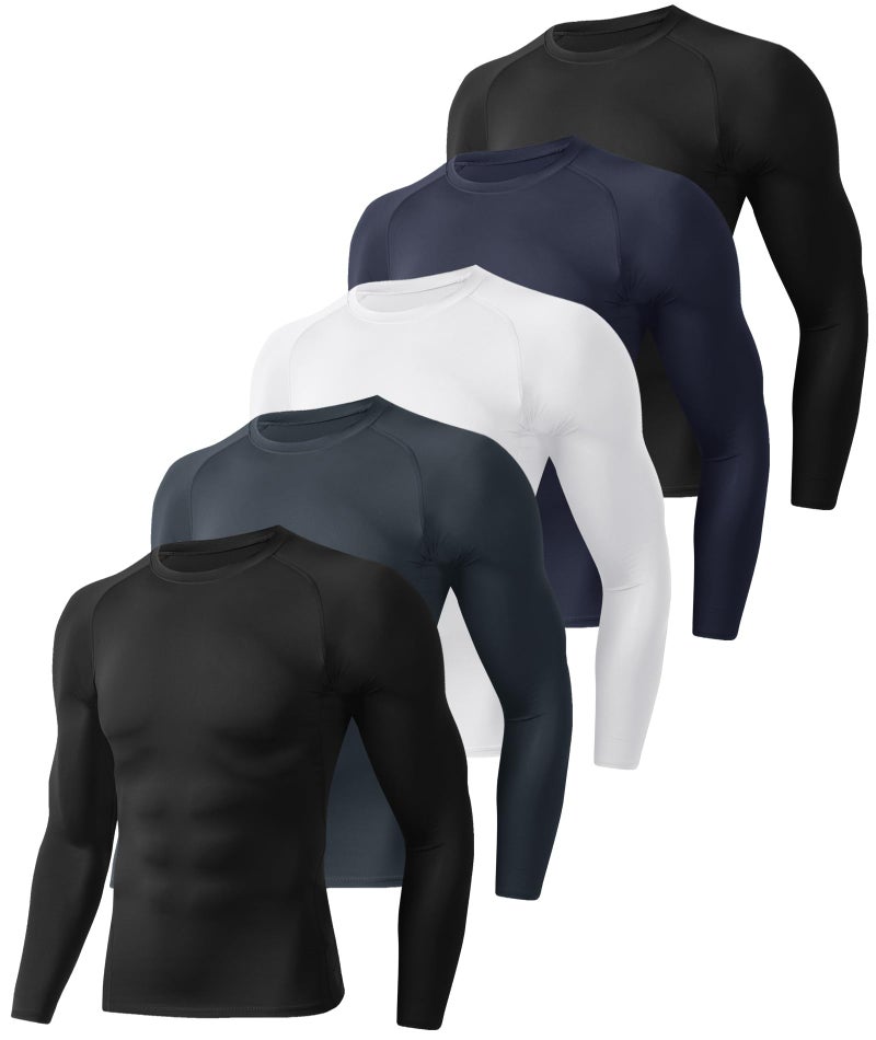 BOOJO 5 Pack Long Sleeve Compression Shirts for Men - Black Quick Dry Workout Base Layer Undershirt Top for Athletic Gym Running - Image 1