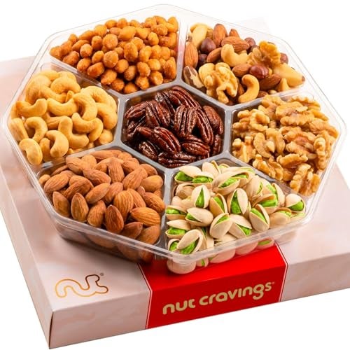 NUT CRAVINGS - Thanksgiving Mixed Nuts Gift Basket in Red Gold Box (7 Assortments, 1 LB) Holiday Xmas Christmas Food Arrangement, Healthy Snack Care Package, Food Assortments - Image 1