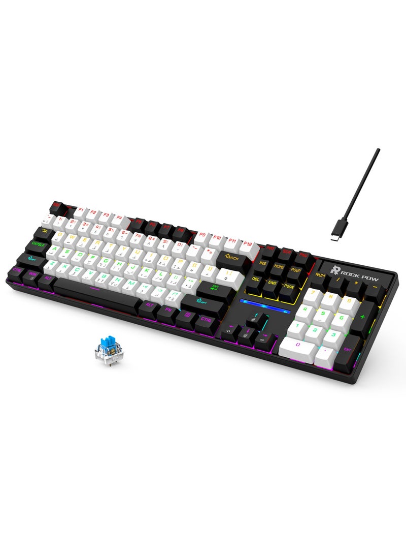 Rock Pow - Gaming Keyboard Arabic English 104 Keys Mechanical Keyboard with RGB Backlit 19 Modes Wired Keyboard PBT Keycaps for PC Gaming and Working (Red Switch) - Image 1