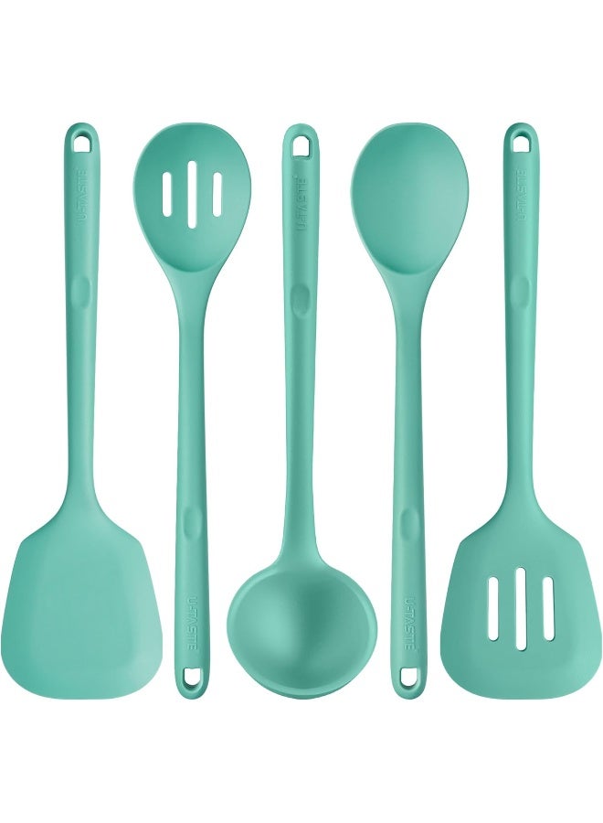 U-Taste Silicone Cooking Tools Gadgets Set, BPA Free Non Stick Solid and Slotted Turner Spatula, Mixing Spoon, and Soup Ladle (5 Pieces, Aqua Sky)  - Image 1