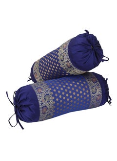 E - Ezra E Ezra Round Silk Cylinder Shape Bolster Covers 31x15 InchSet of 2 Blue  - Image 2