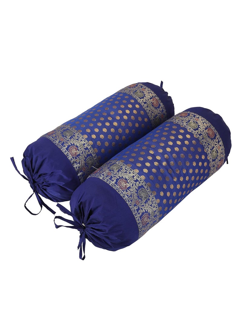 E - Ezra E Ezra Round Silk Cylinder Shape Bolster Covers 31x15 InchSet of 2 Blue  - Image 4