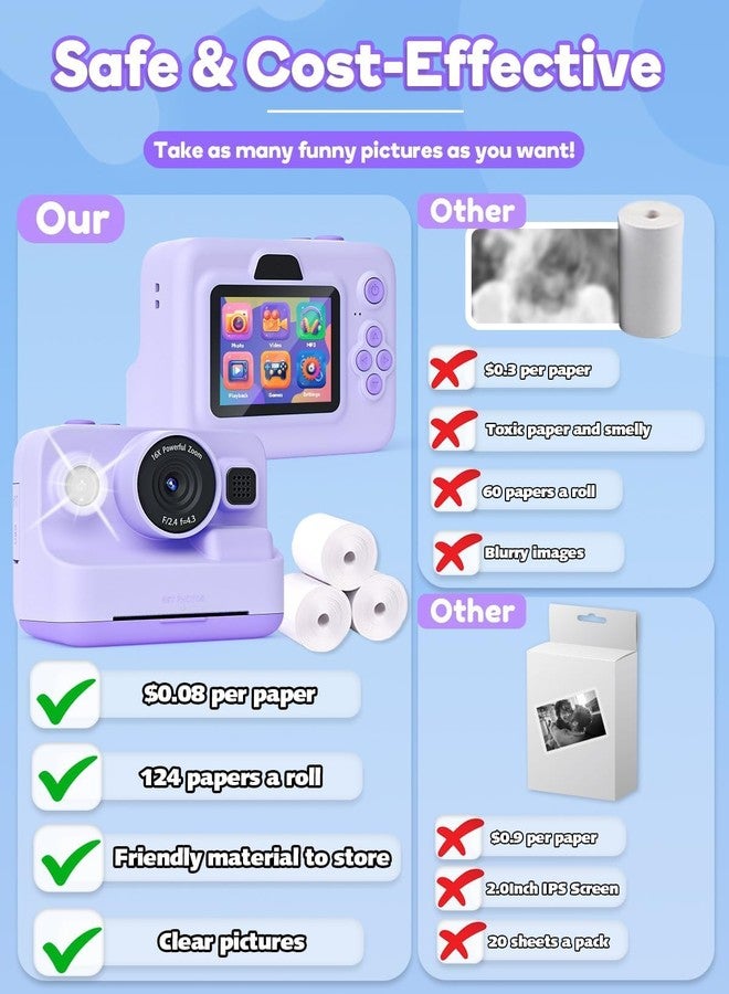 CADDLE & TOES Camera Instant Print, 1080P Kids Digital Camera with Printer Paper, Christmas Birthday Gift for Girls (Purple) - Image 4