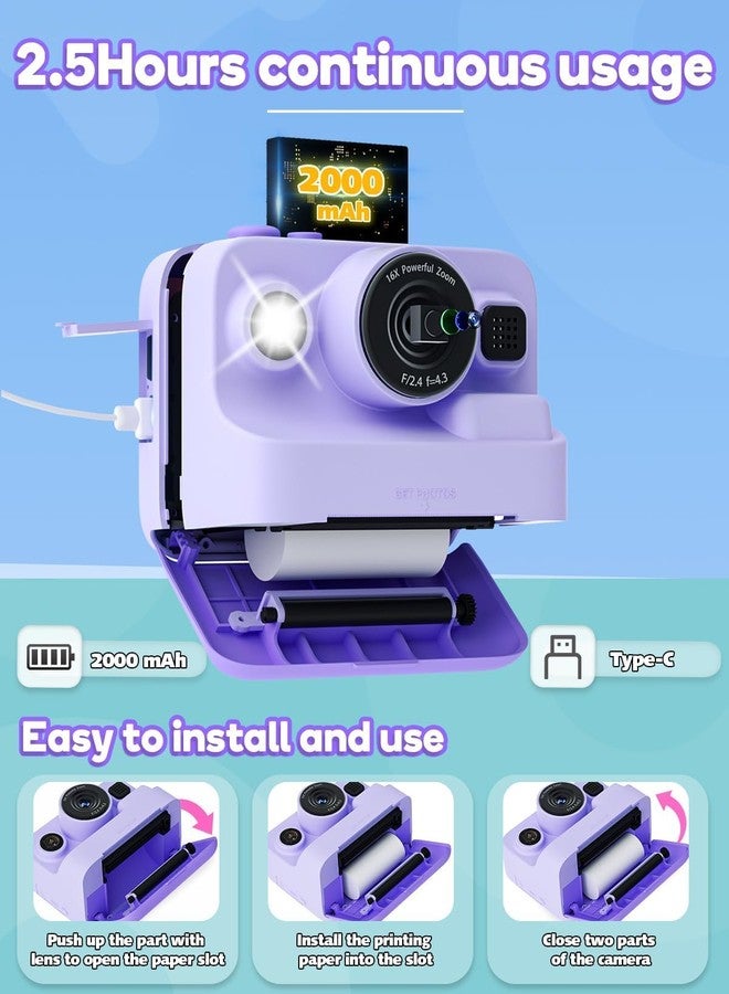 CADDLE & TOES Camera Instant Print, 1080P Kids Digital Camera with Printer Paper, Christmas Birthday Gift for Girls (Purple) - Image 5
