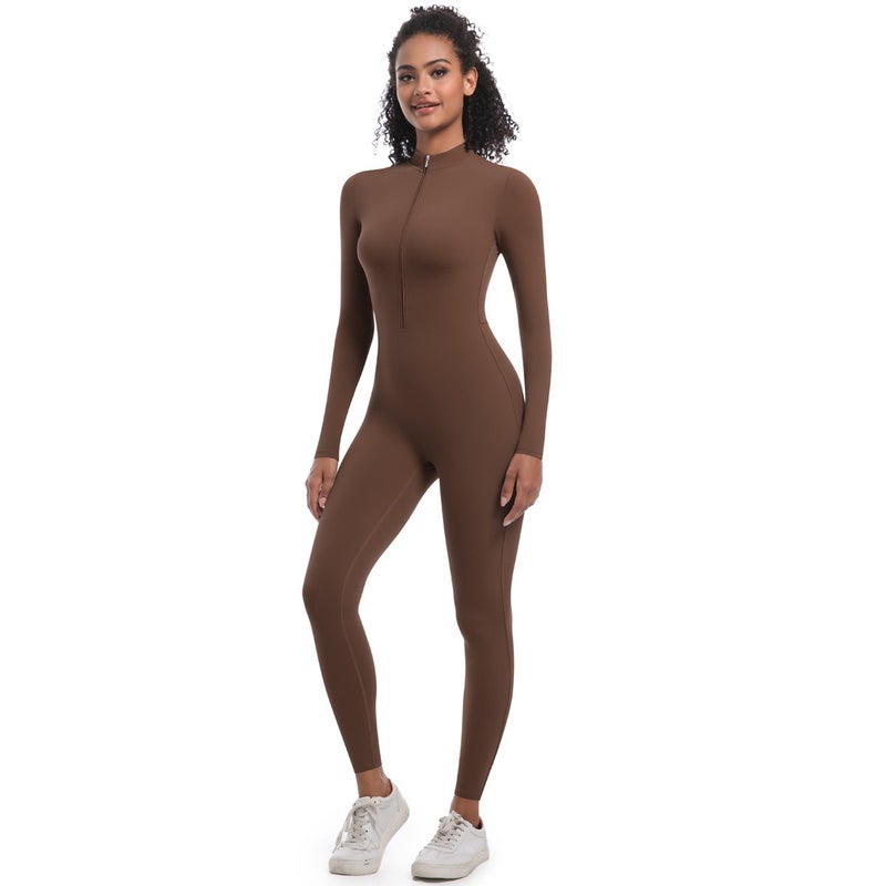 New Cross-Border European Style Half-Zip Tight-Fit Solid Color High-Elastic Long Yoga Suit for Fitness and Running