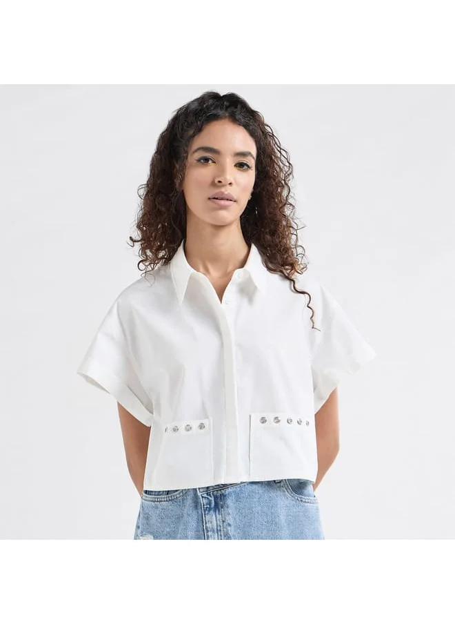 FAV Solid Drop Shoulder Sleeves Shirt with Pockets and Concealed Button Placket