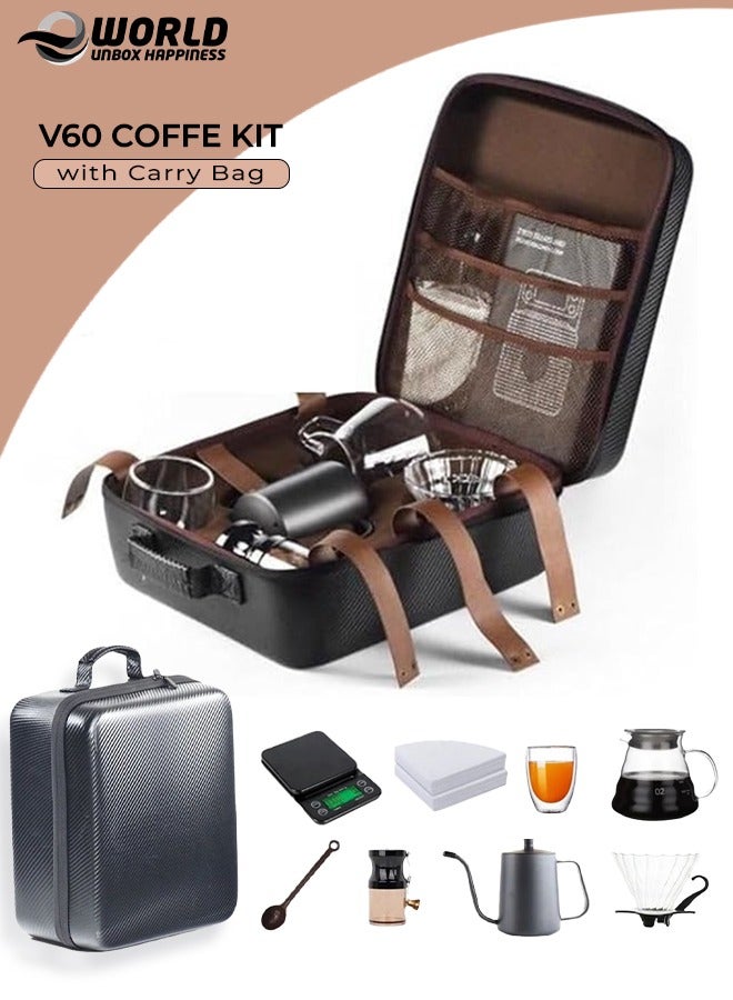 إي وورلد طقم صانع القهوة V60 Pour Over مع حقيبة حمل، مجموعة قهوة محمولة للسفر والرحلات الخارجية، تشمل غلاية، قمع ترشيح، مطحنة، ورق ترشيح، إبريق زجاجي بسعة 350 مل، وغلاية بسعة 600 مل - Image 1