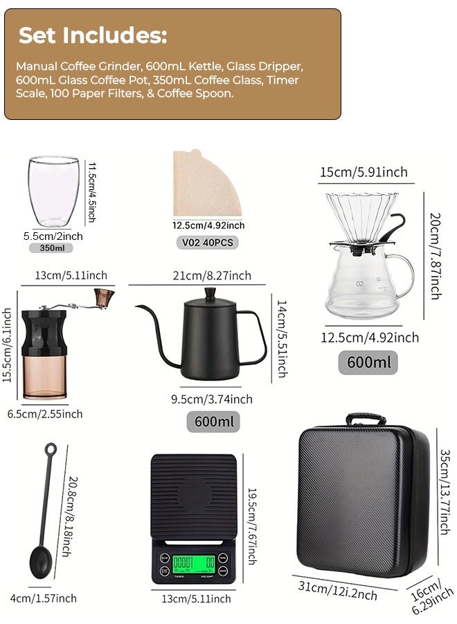 إي وورلد طقم صانع القهوة V60 Pour Over مع حقيبة حمل، مجموعة قهوة محمولة للسفر والرحلات الخارجية، تشمل غلاية، قمع ترشيح، مطحنة، ورق ترشيح، إبريق زجاجي بسعة 350 مل، وغلاية بسعة 600 مل - Image 2