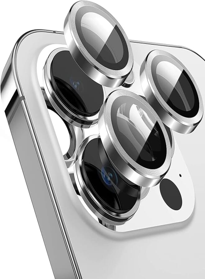 EKAM Camera Lens Protector for iPhone 13 Pro 6.1-Inch and iPhone 13 Pro Max 6.7-Inch 9H Tempered Glass Aluminum Alloy Metal Individual Ring Cover HD Clear Bubble Free Protection (Silver)