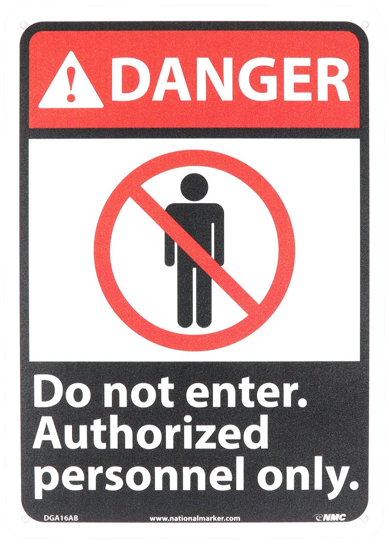 NMC DGA16AB DANGER - DO NOT ENTER AUTHORIZED PERSONS ONLY Sign - 10 in. x 14 in., Aluminum Signage with Graphic, White Text on Red/Black Base - Image 2