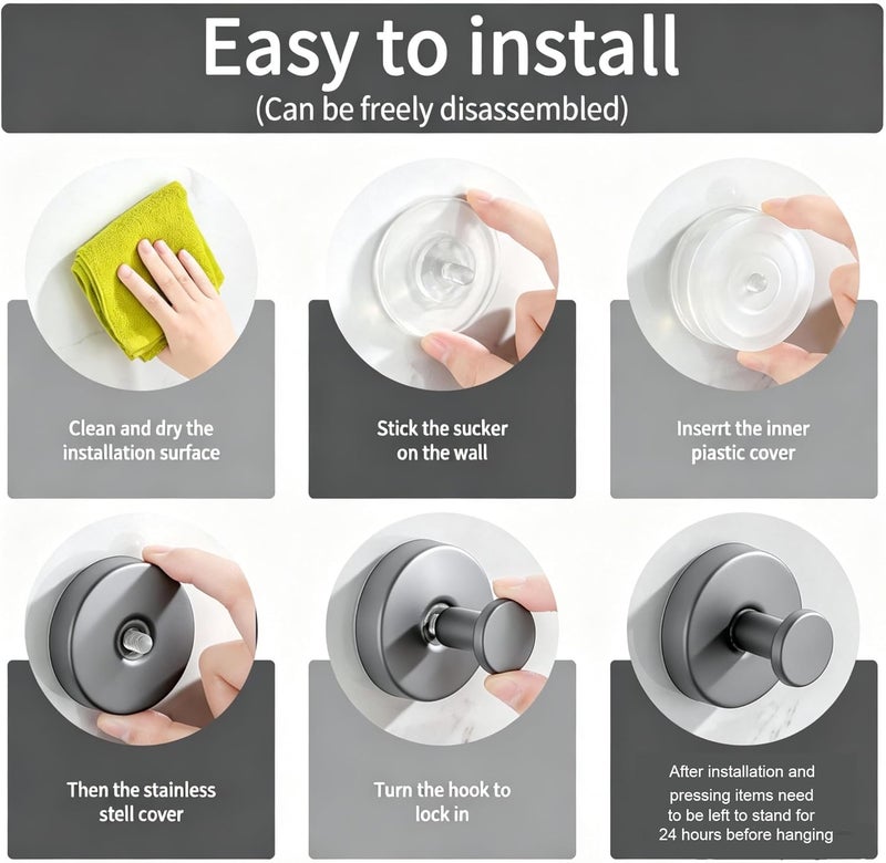 Getaria Shower Suction Cup Hooks, Heavy Duty Bathroom Wall Hooks for Towels, Robes, Loofahs, Removable Metal Hook for Tile Glass Mirror, No Drill (4, Gray) - Image 3