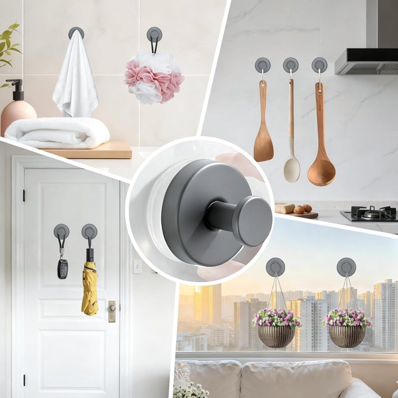 Getaria Shower Suction Cup Hooks, Heavy Duty Bathroom Wall Hooks for Towels, Robes, Loofahs, Removable Metal Hook for Tile Glass Mirror, No Drill (4, Gray) - Image 5