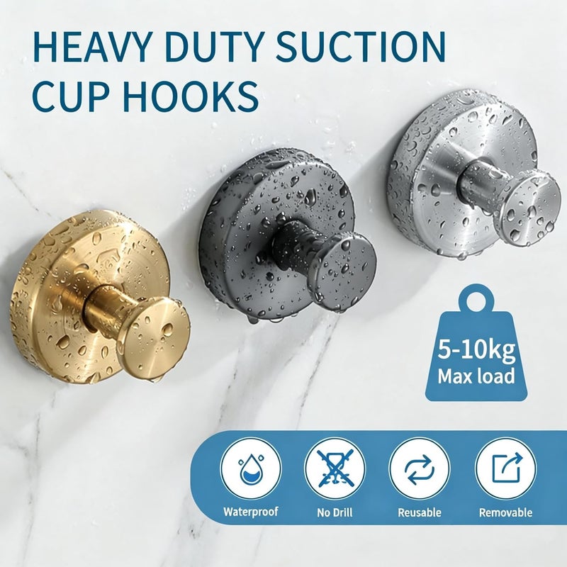 Getaria Shower Suction Cup Hooks, Heavy Duty Bathroom Wall Hooks for Towels, Robes, Loofahs, Removable Metal Hook for Tile Glass Mirror, No Drill (4, Gray) - Image 2