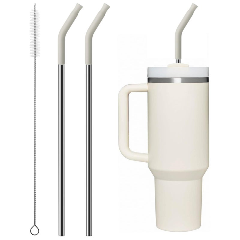 Bluwing Metal Straw with Silicone Tip for 40oz Stanley Cup 2 Pcs Stainless Steel Straws Replacement for Stanley 40 oz Adventure Quencher Travel Tumbler Cup 1 Straw Brush Cream Grey