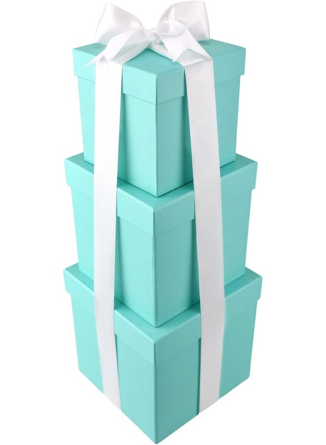 HOMEFORD Nested Square Gift Boxes, Robin's Egg Blue, 5-inch, 6-inch, 7-inch, 3-piece, 1.5-inch White Satin Ribbon - Image 1