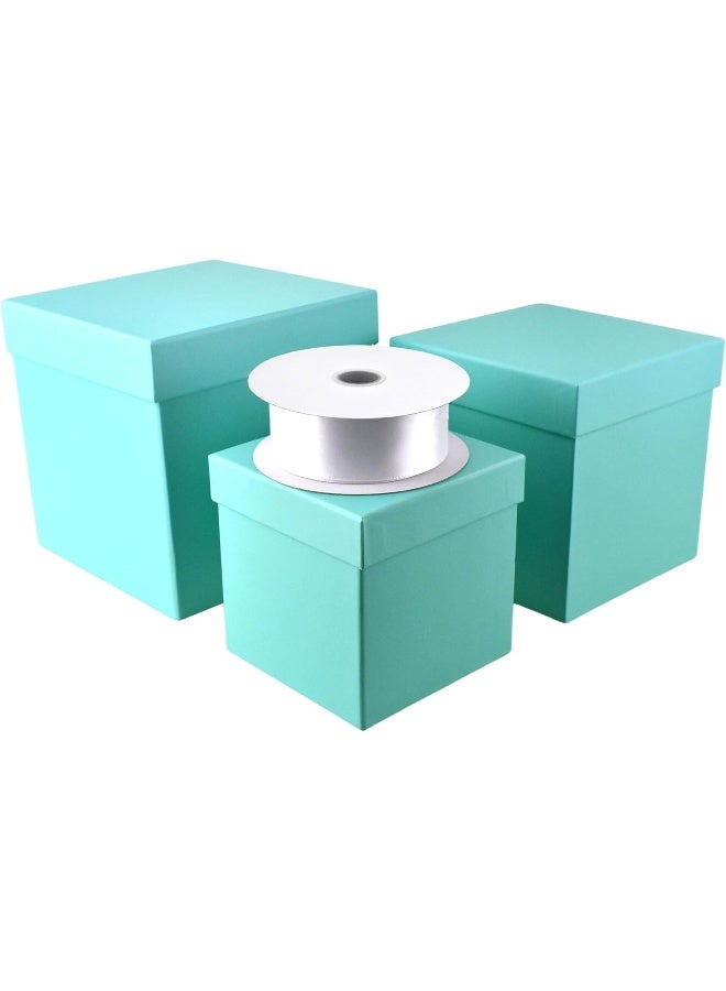 HOMEFORD Nested Square Gift Boxes, Robin's Egg Blue, 5-inch, 6-inch, 7-inch, 3-piece, 1.5-inch White Satin Ribbon - Image 4