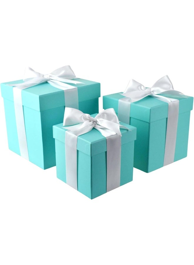 HOMEFORD Nested Square Gift Boxes, Robin's Egg Blue, 5-inch, 6-inch, 7-inch, 3-piece, 1.5-inch White Satin Ribbon - Image 2