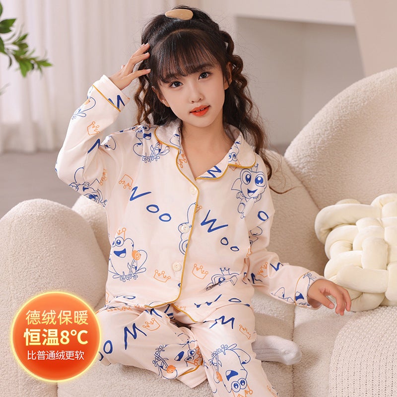 Children'S Delong Home Wear Suit Thermal Underwear Thickened Girls Girls Baby Two-Piece Pajamas - Image 1