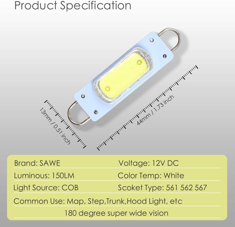 SAWE 44mm COB Festoon LED Bulbs For Car Side Door Courtesy Rigid Loop 1.73" LED Light Bulbs 561 562 567 (2 pieces) (White) - Image 2