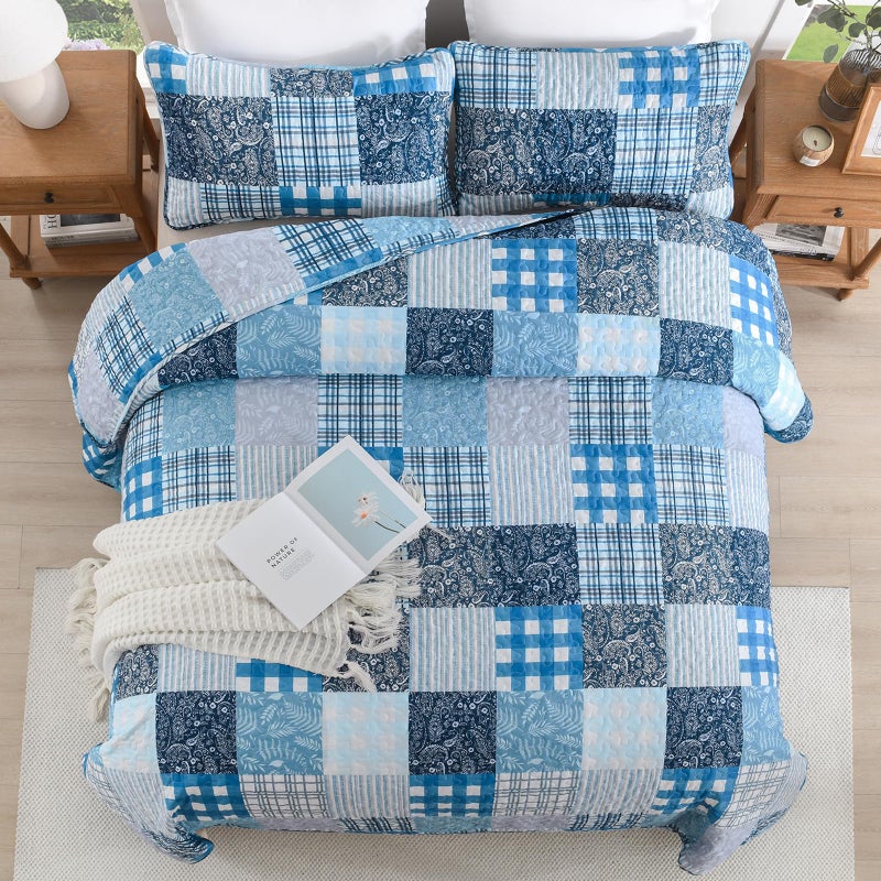 Xruibed Blue Quilt Set Queen Size 3 Pieces Plaid Floral Boho Bedspread Coverlet Set Patchwork Pattern Reversible Bedding Set Soft Microfiber Bedspread Set Queen for All Season(Queen 96"x90") - Image 4