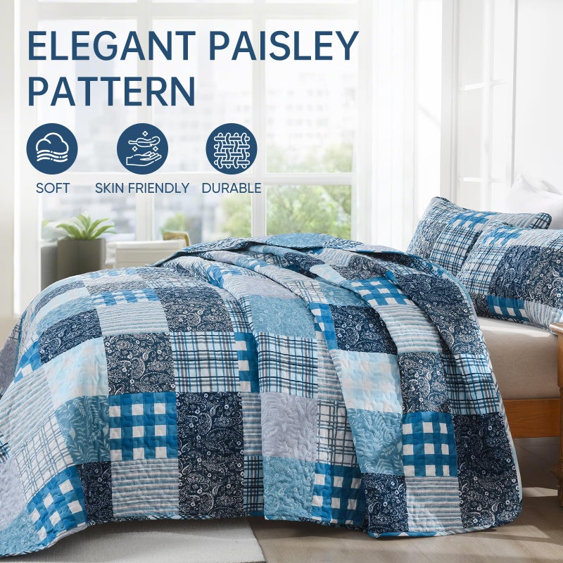 Xruibed Blue Quilt Set Queen Size 3 Pieces Plaid Floral Boho Bedspread Coverlet Set Patchwork Pattern Reversible Bedding Set Soft Microfiber Bedspread Set Queen for All Season(Queen 96"x90") - Image 3