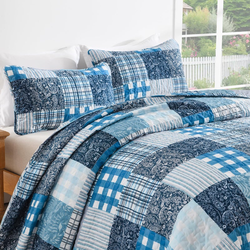 Xruibed Blue Quilt Set Queen Size 3 Pieces Plaid Floral Boho Bedspread Coverlet Set Patchwork Pattern Reversible Bedding Set Soft Microfiber Bedspread Set Queen for All Season(Queen 96"x90") - Image 5