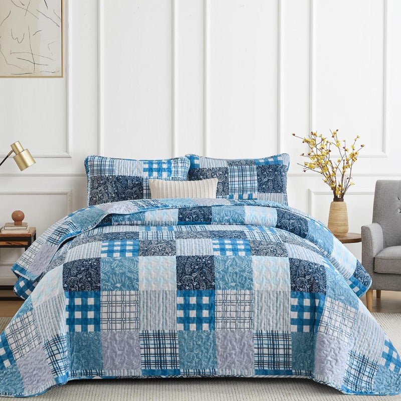 Xruibed Blue Quilt Set Queen Size 3 Pieces Plaid Floral Boho Bedspread Coverlet Set Patchwork Pattern Reversible Bedding Set Soft Microfiber Bedspread Set Queen for All Season(Queen 96"x90") - Image 1