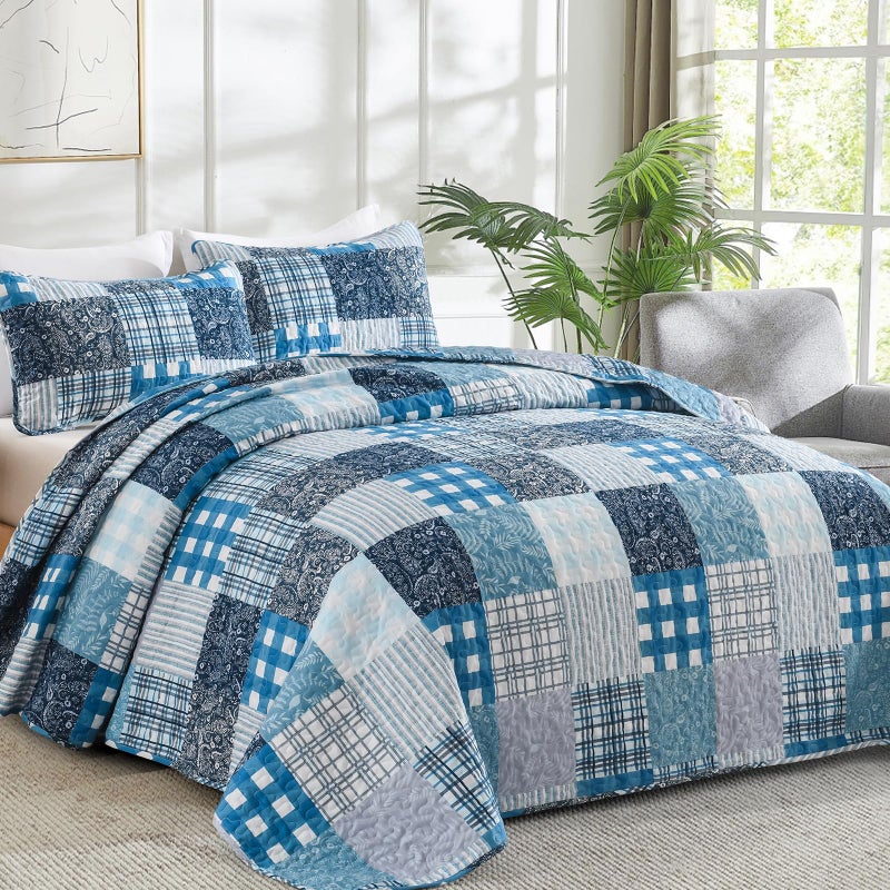 Xruibed Blue Quilt Set Queen Size 3 Pieces Plaid Floral Boho Bedspread Coverlet Set Patchwork Pattern Reversible Bedding Set Soft Microfiber Bedspread Set Queen for All Season(Queen 96"x90") - Image 2