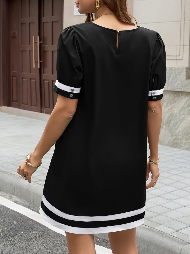 Wenrine Womens Puff Short Sleeve Mini Dress Summer Crewneck Striped Color Block Loose Casual Shift Dresses with Pockets Black - Image 3