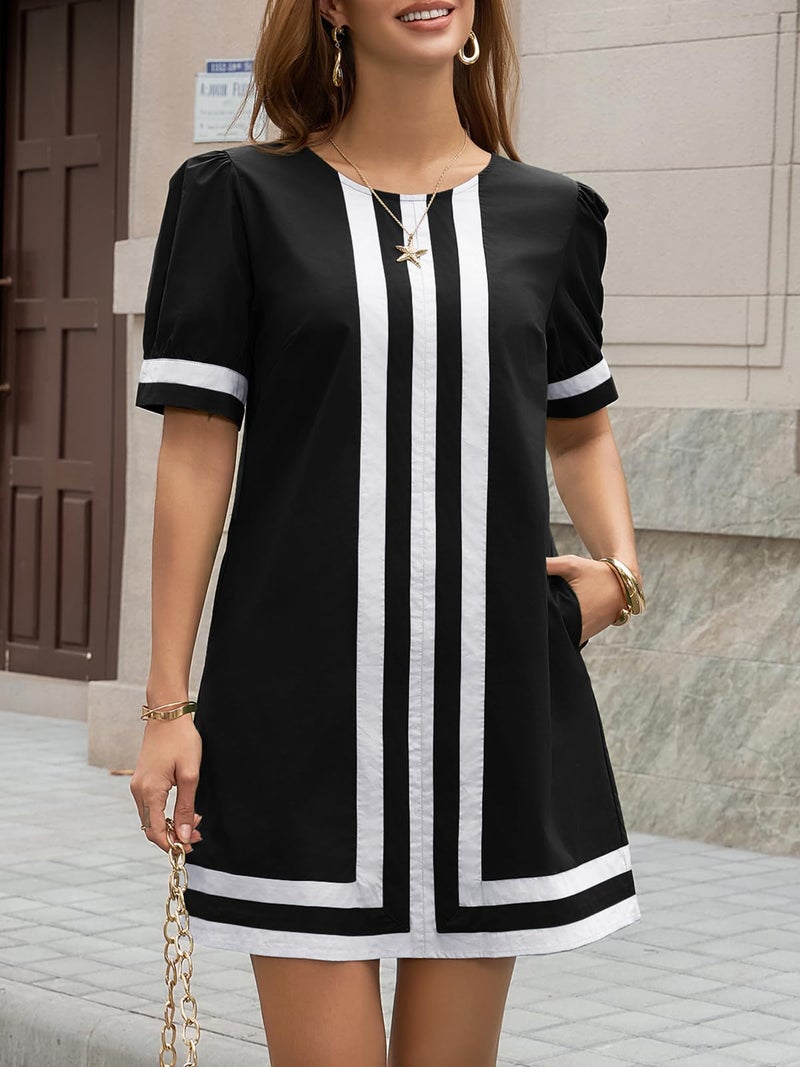 Wenrine Womens Puff Short Sleeve Mini Dress Summer Crewneck Striped Color Block Loose Casual Shift Dresses with Pockets Black - Image 2