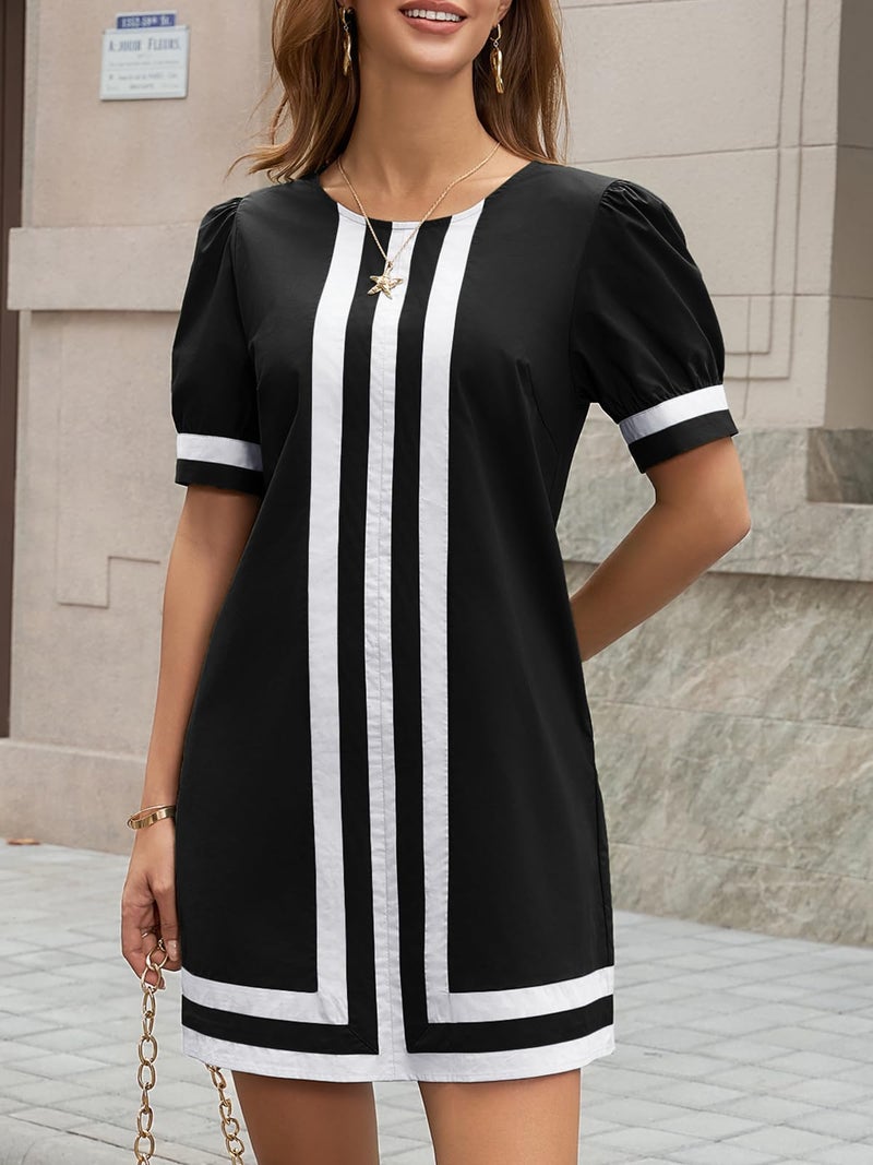 Wenrine Womens Puff Short Sleeve Mini Dress Summer Crewneck Striped Color Block Loose Casual Shift Dresses with Pockets Black - Image 5