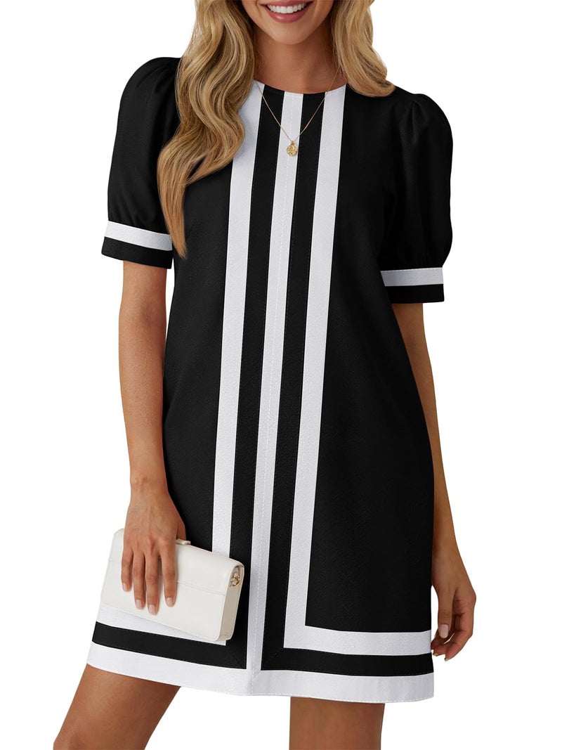 Wenrine Womens Puff Short Sleeve Mini Dress Summer Crewneck Striped Color Block Loose Casual Shift Dresses with Pockets Black - Image 1