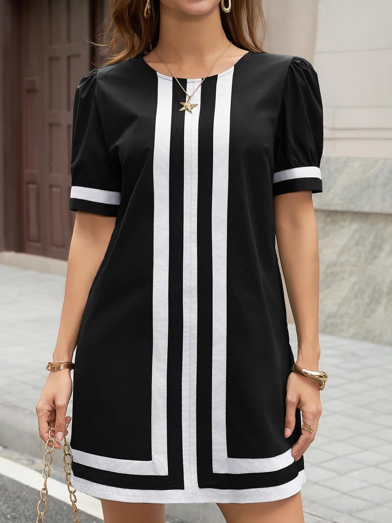 Wenrine Womens Puff Short Sleeve Mini Dress Summer Crewneck Striped Color Block Loose Casual Shift Dresses with Pockets Black - Image 4