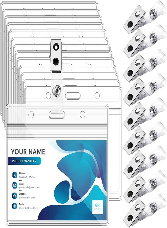 Maileto 10 Sets Badge Holders and Metal Clips Clear Horizontal Name Tag ID Card Holder with Clip Waterproof ID Badge Holder with Metal Clips - Image 1
