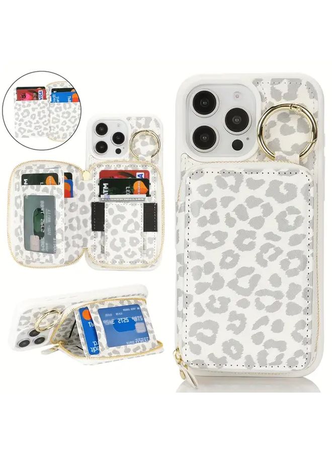 حافظة هاتف بيضاء بمطبوع نمر متوافقة مع iPhone 16 Pro، تحتوي على فتحة بطاقات، وحجرة سحاب، وحلقة حامل - Image 1