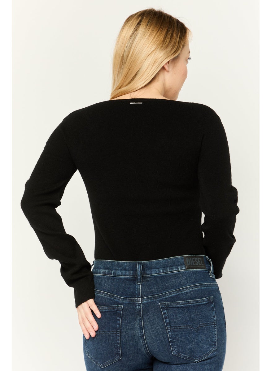 Michael Kors Women Textured Long Sleeve Bodysuit, Black  - Image 4