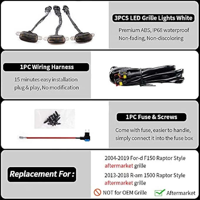 rayihni 3Pcs Led Grille Lights With Fuse  Wire Compatible With Ford F150 20042019Ram 1500 20132018 Exterior Accessories - Image 3