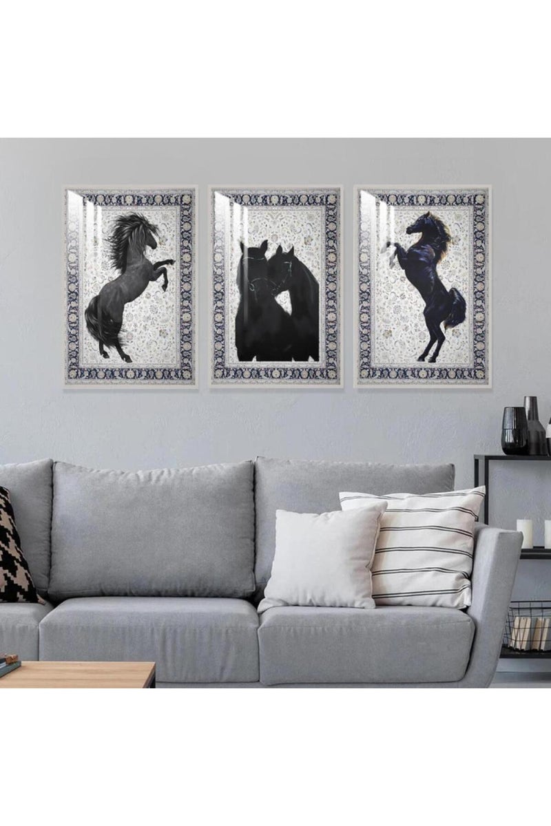 Marktna Three wooden wall painting with a horse design, with a frame and a clear acrylic layer. - Image 1