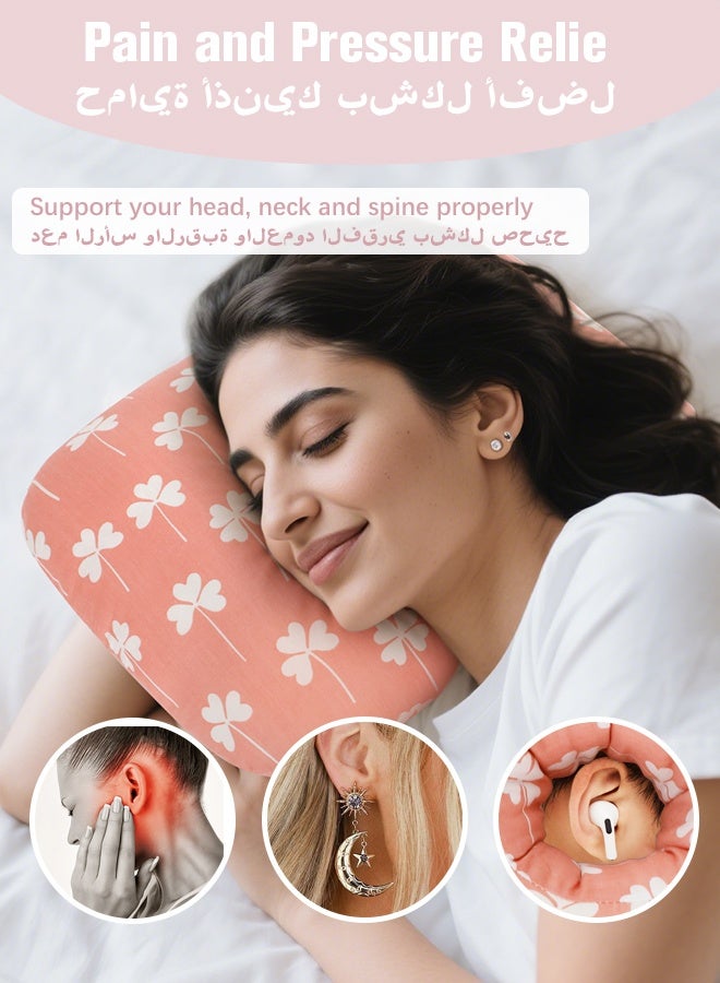 وَسَادَةُ ثَقبِ الأُذُنِ لِلنَّوْمِ عَلَى الجَانِبِ بِفَتْحَةٍ لِتَخْفِيفِ آلامِ الأُذُنِ وَالضَّغْطِ - وِسَادَةٌ مُصَمَّمَةٌ خِصِّيصًا لِحَمَايَةِ الثُّقُوبِ الجَدِيدَةِ وَتَسْرِيعِ شِفَائِهَا (بِلَوْنِ وَرْدِيِّ بِزَخَارِفِ أَوْرَاقِ) - Image 3