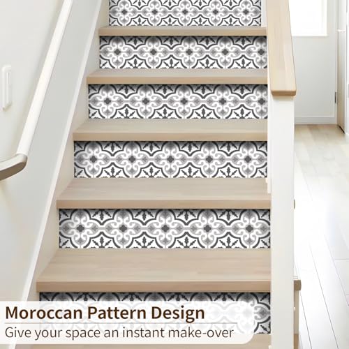 funlife 14 Strips Peel and Stick Stair Risers Stickers, Self Adhesive Vinyl Stair Stickers Decals, Staircase Murals Decor for Steps, 39.37"X7.09", Moroccan Pattern - Image 4