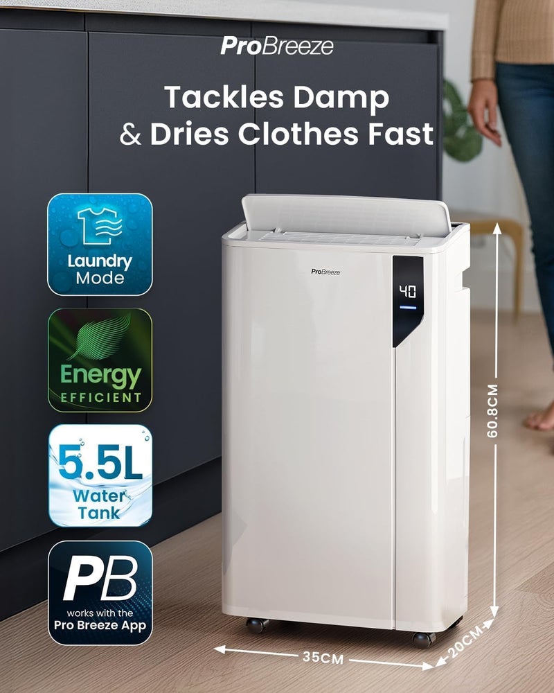 Pro Breeze Air Dehumidifier 20L/Day – Energy Efficient with Clothes Drying Mode, Sensor and Moisture Indicator, Filter – Moisture Absorber and Mould – Wi-Fi - Image 2