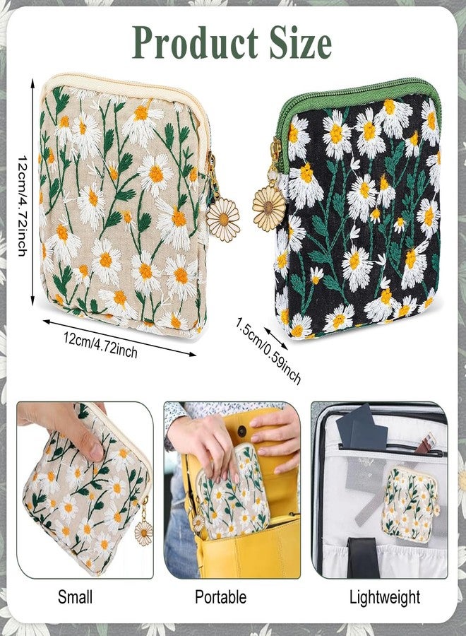 MAYCREATE® Small Pouches, 2Pcs Daisy Sanitary Napkin Storage Bag, Embroidery Makeup Pouch, Cotton Soft Small Items Lipstick Pouch for Women Teen Girls - Image 2