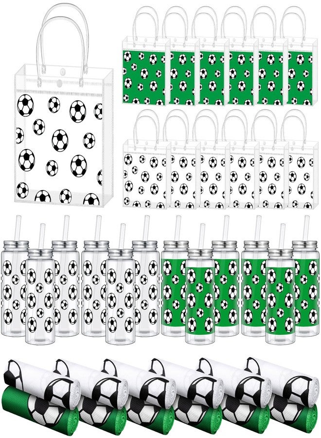 Reallnaive 18 Pcs Soccer Party Gift Set Include 6 Soccer Plastic Cups Bulk with Lid Straw 6 Soccers Cooling Towel 6 Soccers Transparent Goodie Bag for Sport Birthday Team Party Favors - Image 1