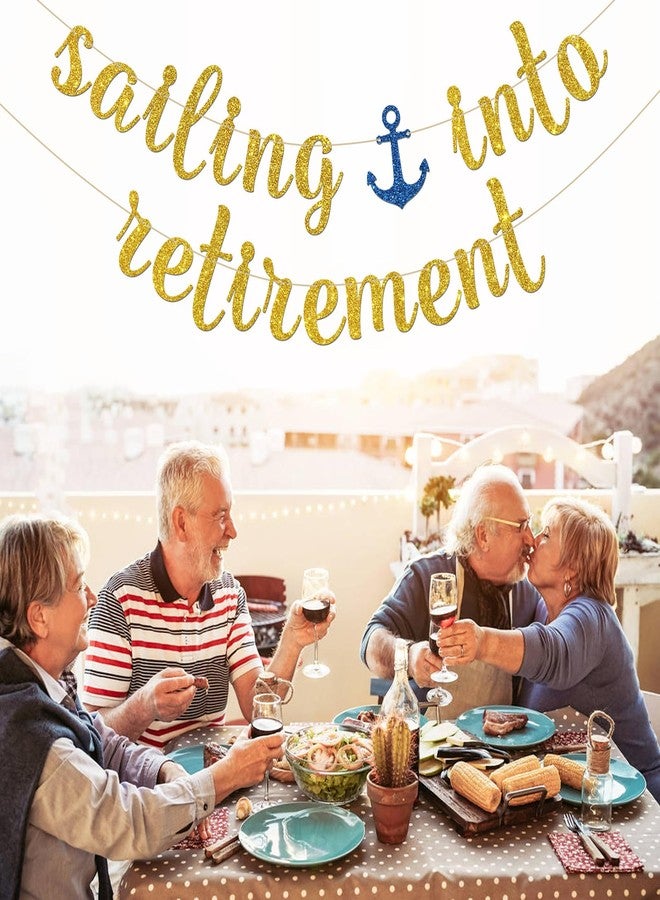 INNORU Sailing into Retirement Banner, Nautical Retirement Party Decorations, Sailor Retired Farewell Party Decorations Gold Glitter - Image 3