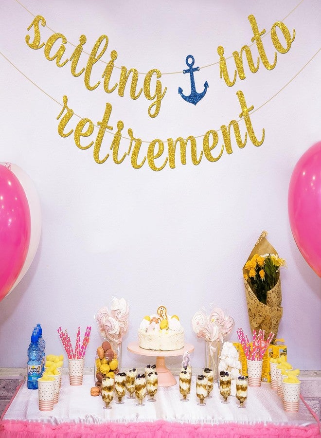 INNORU Sailing into Retirement Banner, Nautical Retirement Party Decorations, Sailor Retired Farewell Party Decorations Gold Glitter - Image 4