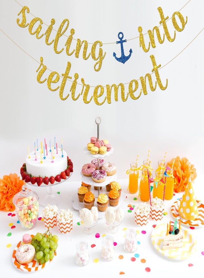 INNORU Sailing into Retirement Banner, Nautical Retirement Party Decorations, Sailor Retired Farewell Party Decorations Gold Glitter - Image 5