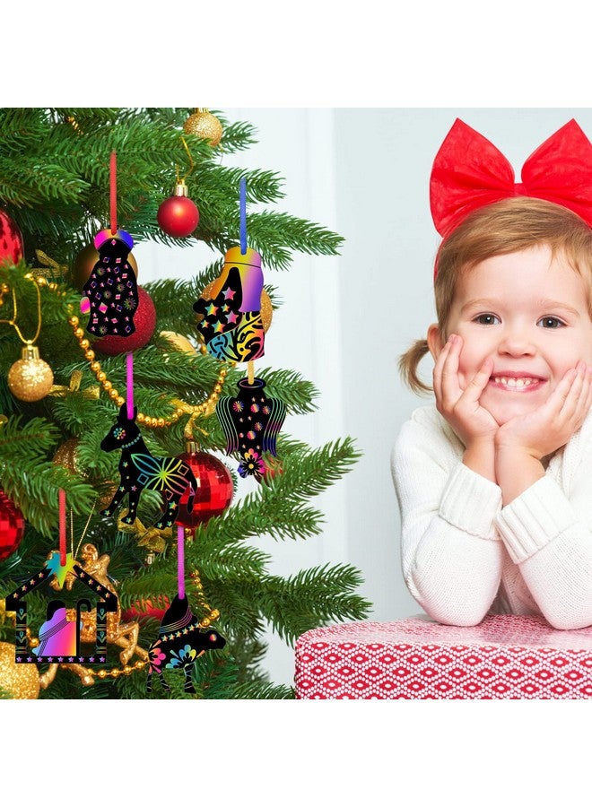 Geosar 36 Pcs Nativity Scene Scratch Paper Christmas Tree Scratch Ornaments For Kids Include Scratch Card 10 Wooden Styluses 36 Colorful Ribbons For Christmas Birthday Classroom Holiday Crafts Supplies - Image 4